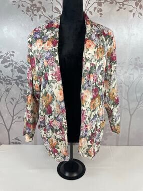 Orare Vintage 90s Floral Tapestry Open Front Blazer Jacket Cream M Grandmacore